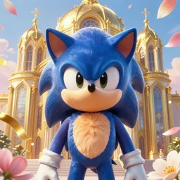 a breathtaking detailed anime painting of sonic the hedgehog, pastel flowers petals and golden ribbons flying, art by pilyeon and yuumei art, symmetrical facial features, at dawn in front of a pristine golden art nouveau cathedral, elegant, volumetric lighting, highly detailed, artstation, concept art, matte, sharp focus