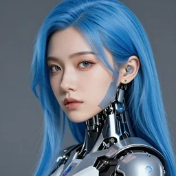 photograph of a beautiful lady, with a hyper detailed face with a cybernetic arm and blue hair