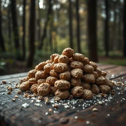 5 5 mm photo of a pile of freshly kibbeh on a wooden table in a magical forest. dof. bokeh. magical atmosphere. art by greg rutkowski. highly detailed 8 k. intricate. lifelike. soft light. nikon d 8 5 0.
