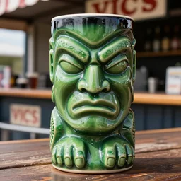 a closeup photorealistic photograph of a glossy hulk style tiki mug sitting at an outdoor trader vic's bar featuring hulk's face. tiki theme. green with black rim. bright scene. fine detail. this 4 k hd image is trending on artstation, featured on behance, well - rendered, extra crisp, features intricate detail, epic composition and the style of unreal engine.