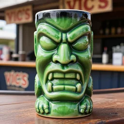 a closeup photorealistic photograph of a glossy hulk style tiki mug sitting at an outdoor trader vic's bar featuring hulk's face. tiki theme. green with black rim. bright scene. fine detail. this 4 k hd image is trending on artstation, featured on behance, well - rendered, extra crisp, features intricate detail, epic composition and the style of unreal engine.