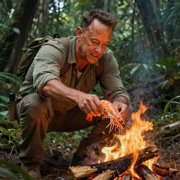 Tom Hanks as forrest raosting a giant shrimp over a campfire in the jungle, realistic digital painting, in the style of Aleksi Briclot, photoreailstic, realistic face, amazing detail, sharp