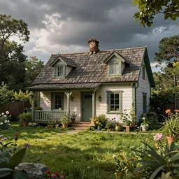 a cottage with a lush front yard, with a weird creature