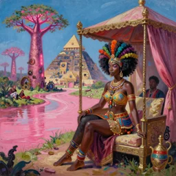 a regal and fearsome african queen with a colorful afro sitting in a cabana near a large steampunk pyramid near a pink river with a large glowing baobab tree, by amanda sage and alex grey and evgeni gordiets in a surreal psychedelic style, oil on canvas 8k, hd