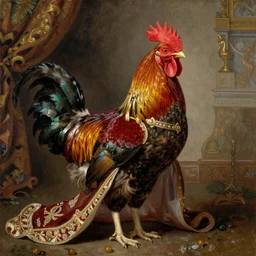 the royal king's rooster by greg hildebrant fancy rococo baroque regal oil painting high quality award winning clothed in fancy garb