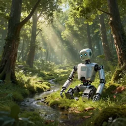 scenery of a beautiful rural landscape with a broken robot in the style of simon stalenhag. light rays from the tree tops, small river on the ground, hypermaximalistic, high details, cinematic, 8 k resolution, beautiful detailed, insanely intricate details, artstation trending, octane render, unreal engine