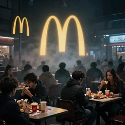 Crowd of people eating in mcdonalds by Jusko Joe, ortographic, dark ambient, volumetrig fog