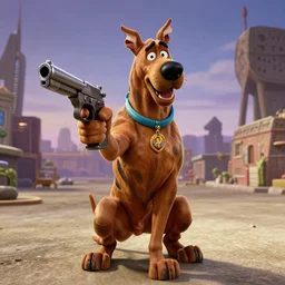 scooby doo holding a gun, film still from the movie directed by denis villeneuve with art direction by bill ward, wide lens