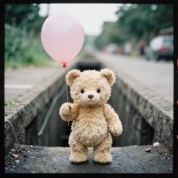 medium format film portrait of an anthropomorphic teddy bear holding a balloon standing in a sewer, hasselblad film bokeh, unsplash, soft light photographed on colour expired film