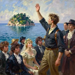 ( ( a beautiful 8 k photorealistic masterpiece oil painting ) ( of ( man who is leaving the mainland to go to a new island, waving to the mainlanders ) ( in the background, people in fancy dress look at him in a serious and murderous way ) ) ( hyperrealism ) ( 1 6 k ) ( trending on artstation )