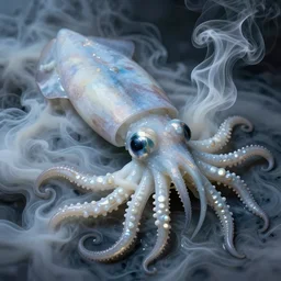 A beautiful squid made of pale blue smoke in the style of Aldo Katayanagi + Thick Milky Smoke + Mother Of Pearl +Milk and ink+ Creamy smoky Elements + Moody Cinematic Lighting + Deep Shadows + Hyper Realistic + Intricate Eldritch tendrils + 8K portrait + fluid dynamics