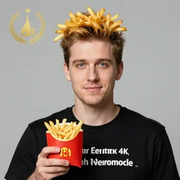 a man with french fries as hair, 8 k, 4 k, professional photography, award winning photo