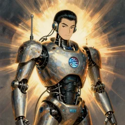Kuniyoshi portrait of a robot saint made of cables and robotic pod by syd mead