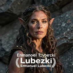 portrait of beautiful orc woman, rocky terrain by Emmanuel Lubezki