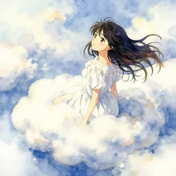 dreaming girl in the cloud lands. watercolor by award - winning mangaka, romaticism, intricate details, depth of field