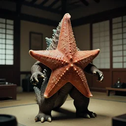 an ancient starfish kaiju creature in a korean traditional interior room, 1 9 5 0 s film noir, thriller, 3 5 mm film, cinematic, dramatic, kaiju - eiga by orson welles and ishiro honda