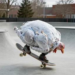 a frozen turkey duct taped to a skate board doing tricks in a skate park