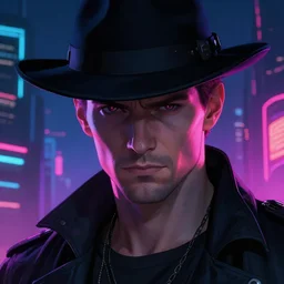 portrait of detecive in the neon noir cyberpunk city man in black hat, epic portrait illustration, darek zabrocki, noah bradley, artstation, photorealistic close - up portrait, detailed illustration portrait, incredible details