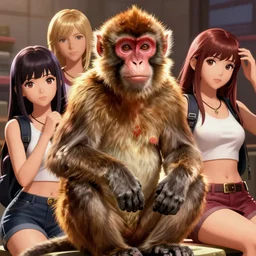 Macaque in grand theft auto among cute anime girls