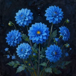 beautiful _ digital _ oil _ painting _ of _ whimsical _ botanical _ illustration _ beautiful _ flowers and blue dahlia tiny flowers _ enchanted _ dark _ background _ dark _ contrast _ by _ android _ jones _ synthwave