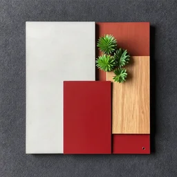 minimalistic material sample board combining concrete, red painted metal, oak, plants, dark grey carpet, architectural finishes, pinterest, trendy, interior design