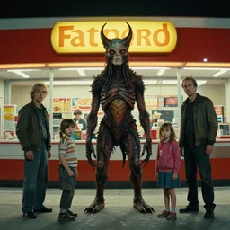 the strange creature at the fast food place, they scare my family, film still from the movie directed by denis villeneuve and david cronenberg with art direction by salvador dali and zdzisław beksinski