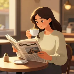 Enjoying a cappuccino at the Café while reading the newspaper at golden hour. Stylized speedpaint Digital illustration. Trending. 4k. HDR. fantastic lighting. Epic. Classic, masterpiece, masterstroke, perfection, magnum opus, showpiece, cream of the crop, masterwork, pièce de résistance, outstanding, feature, centerpiece, great, amazing, incredible, intriguing, wonderful, glorious,  feat of artistic achievement, highlight, the best, out of this world, beyond reproach, without fault.