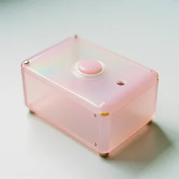 high quality film photograph from an anthropological object study. iridescent hard surface machine, rubber nib feet, button interface. pastel pink perspex. three point light. soft focus.