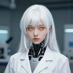 a portrait of a scientist android girl with white hair, yellow eyes by artgerm and wlop
