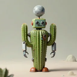a 1950s retro 3D Cactus robot, with space above the head. Bionic cacti Arms and eyes. subject in shot pop surrealism muted colours. by Jean-Baptiste Monge, wide shot