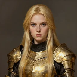 Gorgeous Blond Lady Knight in an ornamental Gold and Black armor, straight hair, very detailed face, low fantasy, matte painting, by Frank Franzetta, trending on Artstation, trending on Deviantart, artstationHQ, cgscoiety, artstationHD, full color, ultra HD, 8k