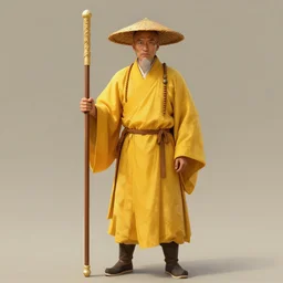 an old eastern battle monk full body photo, wearing a yellow toga, a straw hat, holding a wooden long staff. digital art