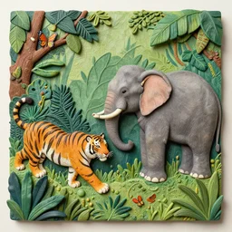 detailed illustration, a tiger and elephant in the style of may gibbs, layered composition, layers, texture, textured, layered, sculpted, dynamic, jungle, tropical, 🌱, 🦋,