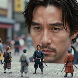 beautiful hyperrealism three point perspective film still of keanu reeves as samurai scene in kagemusha ( 1 9 6 0 ) extreme closeup portrait in style of 1 9 9 0 s frontiers in porcelain miniature street photography seinen manga fashion edition, miniature model, focus on face, eye contact, tilt shift style scene background, soft lighting, kodak portra 4 0 0, macro, cinematic style by emmanuel lubezki