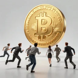 people running scared from a giant with bitcoin head, cyberpunk art, hyper-realistic, 4k