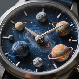 Macro photograph of a watch made of planets, moons, miniature cosmos, complexity
