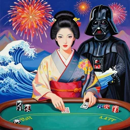 hyperrealism composition of the detailed woman in a japanese kimono sitting at a poker table with darth vader, fireworks, waves in the ocean with mountains in the background, pop - art style, jacky tsai style, andy warhol style, acrylic on canvas
