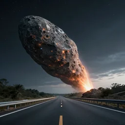 meteoroid blocking the highway, cinematic, professional photographer