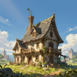 an illustration of the small medieval fantasy house in a town and beautiful blue sky scenery, cinematic view, epic sky, detailed, concept art, low angle, high detail, warm lighting, volumetric, godrays, vivid, beautiful, trending on artstation, by jordan grimmer, huge scene, grass, art greg rutkowski