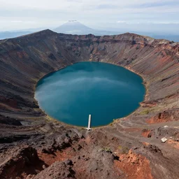 highly detailed portrait of a volcano's crater holding a lake, the blue dock on the water, ultra wide angle, finer details, by victo ngai and greg rutkowski, trending on artstation.