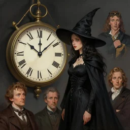 a clock and a witch, elegant, sharp focus, illustration, highly detailed, digital painting, concept art, matte, art by wlop and artgerm and ivan shishkin and andrey shishkin, masterpiece