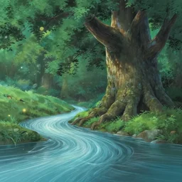 ethereal river flowing through a giant ancient tree, serene evening atmosphere, pixie dust in the air, soft lens, soft light, cel - shading, animation, in the style of cgsociety, deviantart, artstation, zbrush, cinema 4 d, studio ghibli, akihiko yoshida, atelier lulua, masamune shirow