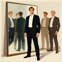 full body portrait of a man standing in front of a giant mirror, by dean ellis, john watkiss, limited neutral palette, by pascal campion, petros afshar, anton fadeev, dean ellis, beautiful graphic design, propaganda poster art 1 9 7 0 s illustrated advertising art, painterly character design