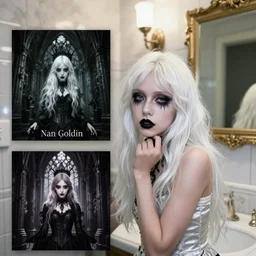 a 2 0 y. o. girl with white hair and makeup in a bathroom, an album cover by nan goldin, tumblr, international gothic, goth, antichrist, gothic