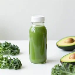 minimalist zen juice bottle on a white table surrounded by kale and avocado, intricate detail, high quality, hyperrealistic,