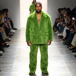 kanye west wearing a suit made of grass, full body photograph on runway