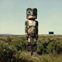 fantasy artwork of a dwayne johnson totem in an open field surrounded by shrubbery, frank frazetta, edward hopper, banksy