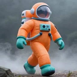 an tall giant inflatable astronaut in an orange and teal suit, striding through in mist. highly detailed