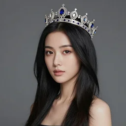 A portrait of long black haired women with crown, in style of Andrew Ferez