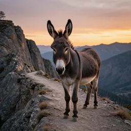 an amazing portrait of a donkey on a slim rocky path at the edge of a cliff, rocky mountains in the background, sunset sky, wild life photography, national geographic, award winning, cinematic lighting, highly detailed
